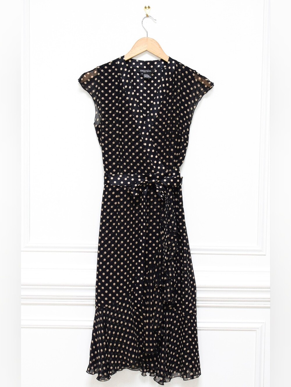 Vintage Etcetera Silk Polka Dot Wrap Dress Black Tan 100% Silk Size 4 Retro 90s